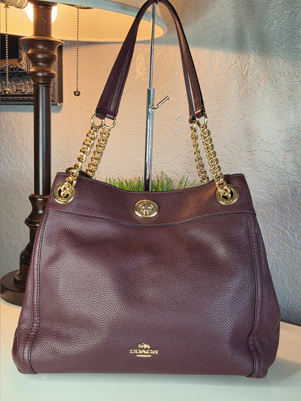Coach Turnlock Edie 36855 Plum Pebbled Leather Chain Shoulder Bag